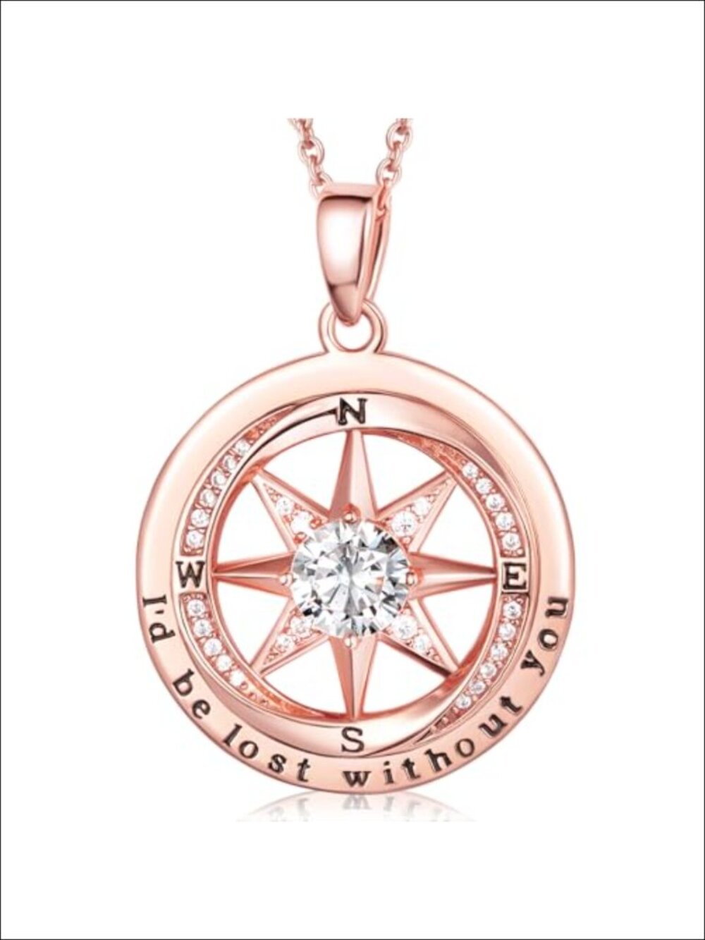 S925 Sterling Silver Compass Pendant Necklace 18K Gold Finish 17in